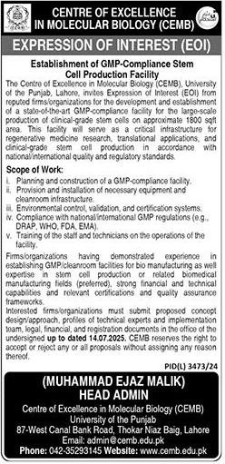 Centre of Excellence in Molecular Biology Lahore Tender Notice